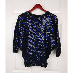 80s Blue & Black Glam Disco Sequin Top